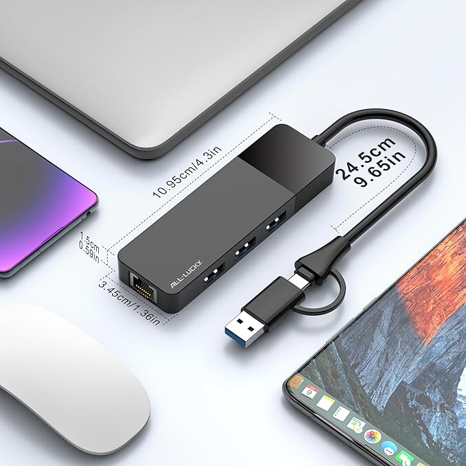 ALL-LUCKY USB to Ethernet Adapter, 4 in 1 USB C to Ethernet Adapter Hub with 3 x USB 3.0 Port/Gigabit Internet Port, High-Speed Network Hub Compatible for iMac,MacBook Pro
