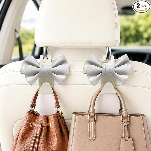 2 Pack Car Purse Hooks, Cute Bow Car Seat Headrest Hook Hanger for Purses and Bags, Space-Saving Car Accessory (Cream white)