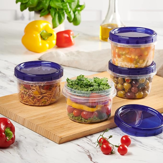 PLASTICPRO 6 Pack Twist Cap Food Storage Containers with Blue Screw on Lid- 16 oz Reusable Meal Prep Containers - Freezer and Microwave Safe Blue Plastic Food Storage