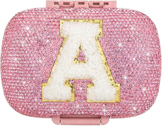 Cute Pill Organizer Small Bling Pill Case for Purse Medicine Vitamin Container Holder Daily Pill Box Container for Women Travel Medicine Kit(Letter A Pink)