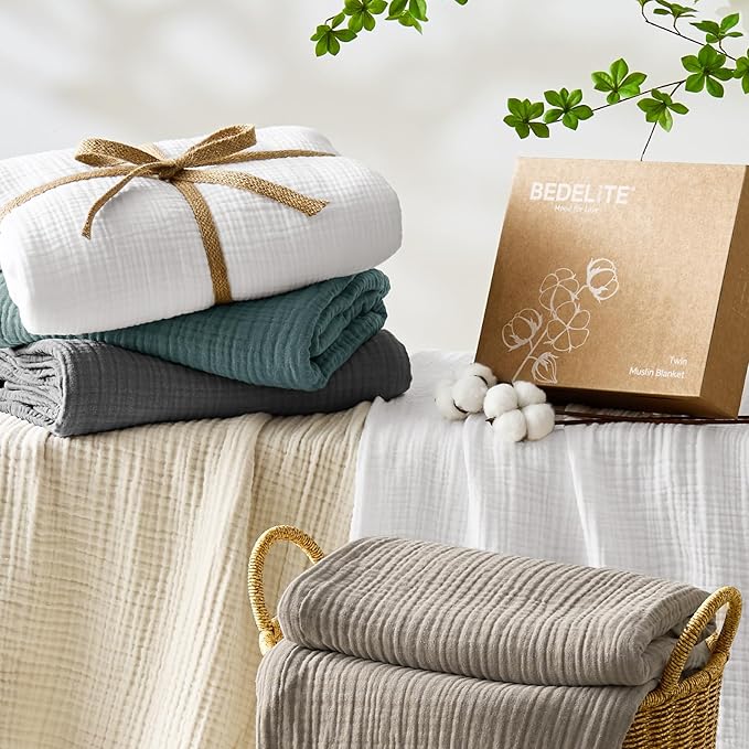 BEDELITE 100% Cotton Muslin Blankets for Adults - 4-Layer Large Throw Breathable and Lightweight Gauze Blanket for Couch, Bed, Travel and Summer, Soft & Cozy Gift for Women, Beige, 50"x70"