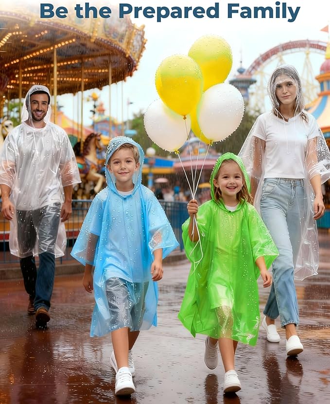 Disposable Rain Poncho Family 10 Pack for Adults & Kids with Hood - 2X-Thicker for Theme Parks, Travel & Outdoors