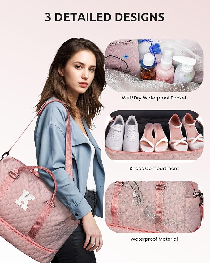 Birthday Gifts for Women-Duffle Bag with Shoe Compartment, Personalized Weekender Bag, Overnight Bag for Women with Trolley Sleeve & Wet Pocket, Letter Travel Bag with Makeup Bag (Letter D)