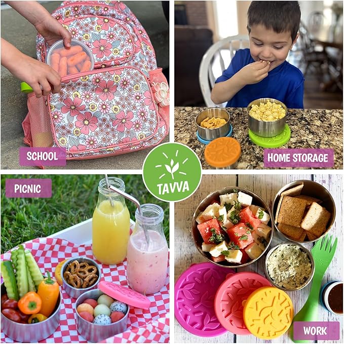TAVVA Kids Snack Containers for School [12oz/ 7oz/ 3oz] - Stainless Steel Lunch Containers for Kids - Stainless Steel Lunch Box for Kid - Leakproof with Silicone Lids - Dishwasher & Freezer Safe