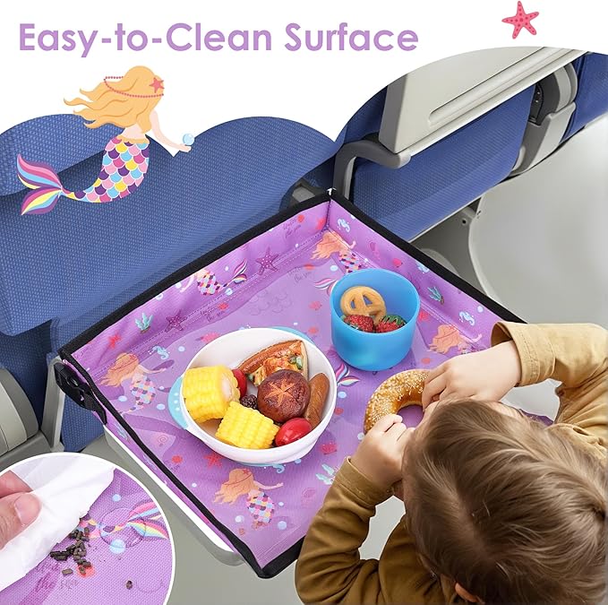 Kids Tray Table Cover, Airplane Tray Cover with Pockets, Airplane Travel Essentials for Kids, Portable Airplane Must Haves for Toddler on Plane or Train and Flying Supplies (Purple)