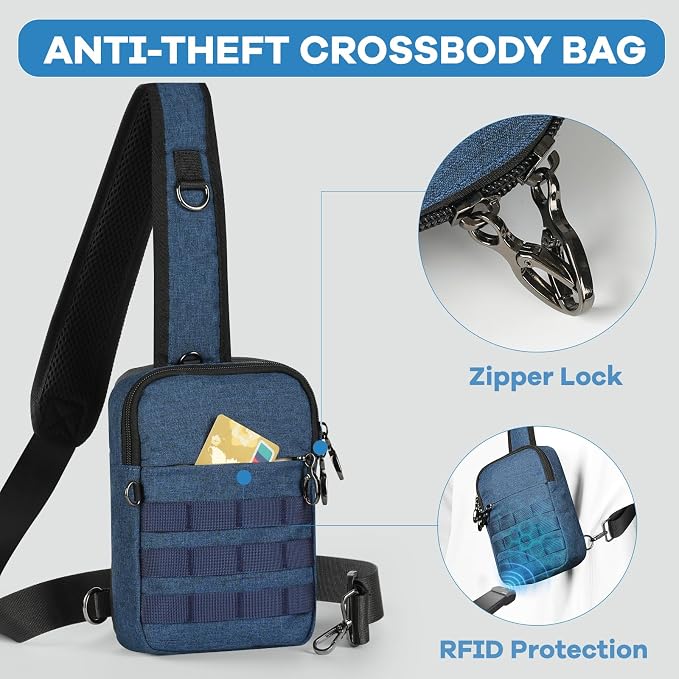 Sling Bag, Tactical Anti Theft Crossbody Bag with Zipper Lock RFID EDC Small Chest Bags for Men Women(Blue)