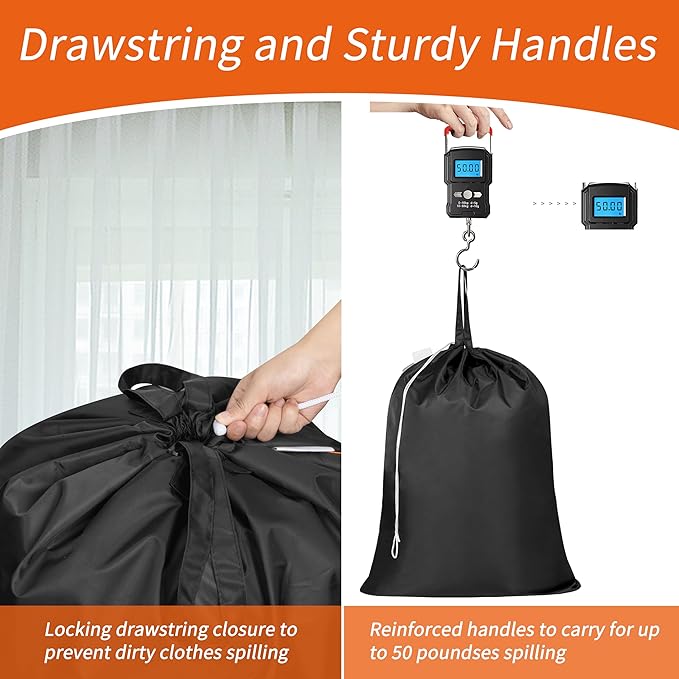 Polecasa 2 Pack Extra Heavy-Duty Laundry Bag 28x36”- Machine Washable Large Storage Bag with Reinforced Handles & Drawstring Closure & ID Tag for College Dorm Travel -Black