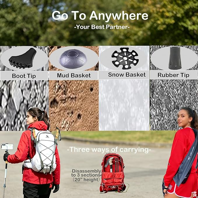 Walking Sticks for Women, Men & Seniors, Compact Lightweight Cork Grip Collapsible Trekking Poleswith 1/4" Screw for Daily Balance Support