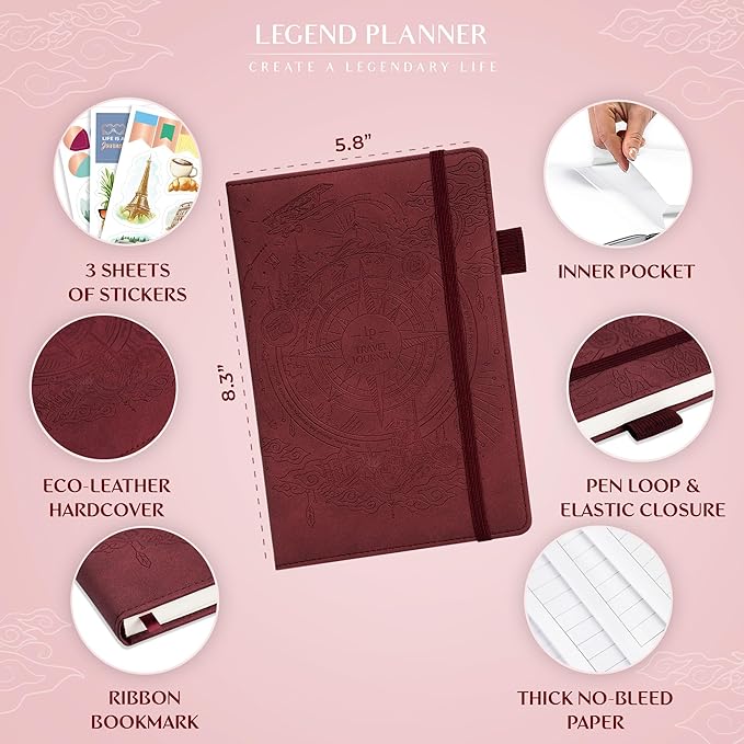 Legend Vintage Travel Journal – Traveling Diary & Photo Album for Men, Women & Family with Bucket List – Vacation Essentials (Burgundy)