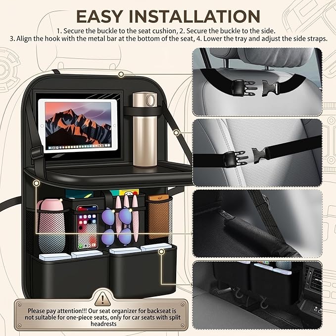 2026 New Backseat Car Organizer,Multifunctional Back Seat Car Organizer with Foldable Table Trays,Hanging Cars Seats Backs Organizers as Kick Mats Back Seat Protector