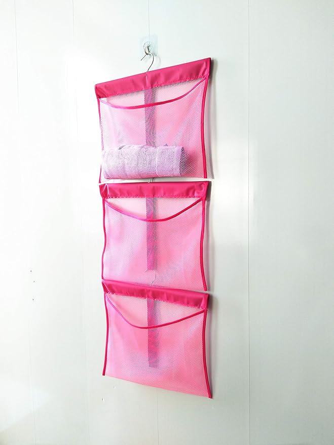 Portable Mesh Pocket with Rotatable Hanger, Quick Dry Serial Type Bath Storage Organizers for Travel, Camper, RV, Gym, Cruise, Cabin, College Dorm Shower(Pink)