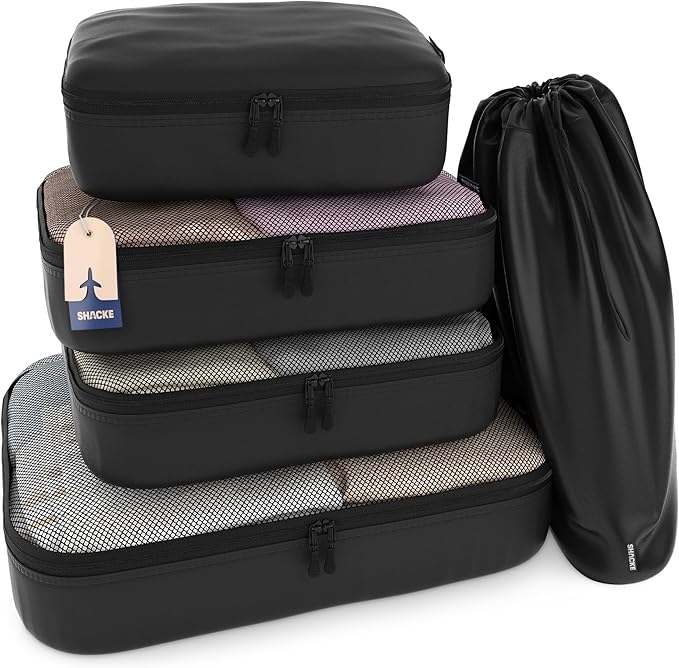 Shacke 5 Set Packing Cubes for Travel – Luggage Organizer & Suitcase Bags with Laundry Bag, Carry On Packing Organizer, Travel Accessories for Women Men (Air Black)