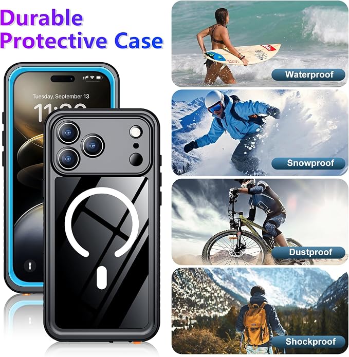 Magnetic Compatible with iPhone 17 Pro Max Case,Waterproof Built-in Screen & Camera Protector IP68 Underwater Full Body 17FT Military Dropproof Shockproof Phone Case 6.9"-Mag/Blue