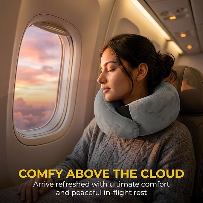 Travel Neck Pillow – Airplane Travel Essentials with Ergonomic Memory Foam Comfort – Premium Travel Pillows for Airplanes and Long Journeys, Compact Carry Pouch (Grey)