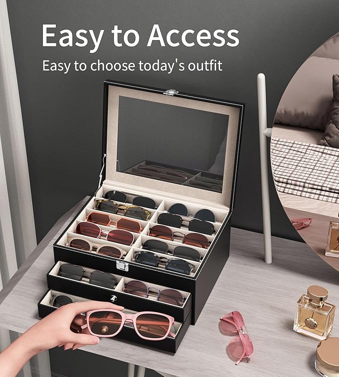 NEWLOOP 10/30 Slots Sunglass Organizer for Multiple Pairs of Eyeglass See-through Display Case Storage Box for Women Men