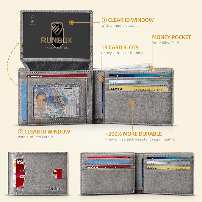 RUNBOX Wallet for Men -Slim Rfid Leather Mens Bifold Novelty Wallets 2 ID Window With Gift Box Men's Accessories | Slim