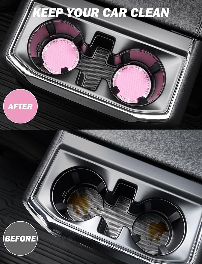 JOYTUTUS 4 Pack Car Coasters, Universal Anti-Slip Cup Holder Coasters for Car with Crystal Rhinestone, 2.75 inch/6.8cm PVC Cup Holder Insert Coaster, Pink Car Accessories (Pink with Diamond)