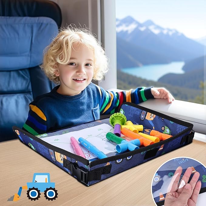Kids Tray Table Cover, Airplane Tray Cover with Pockets, Airplane Travel Essentials for Kids, Portable Airplane Must Haves for Toddler on Plane or Train and Flying Supplies (Dark Blue)