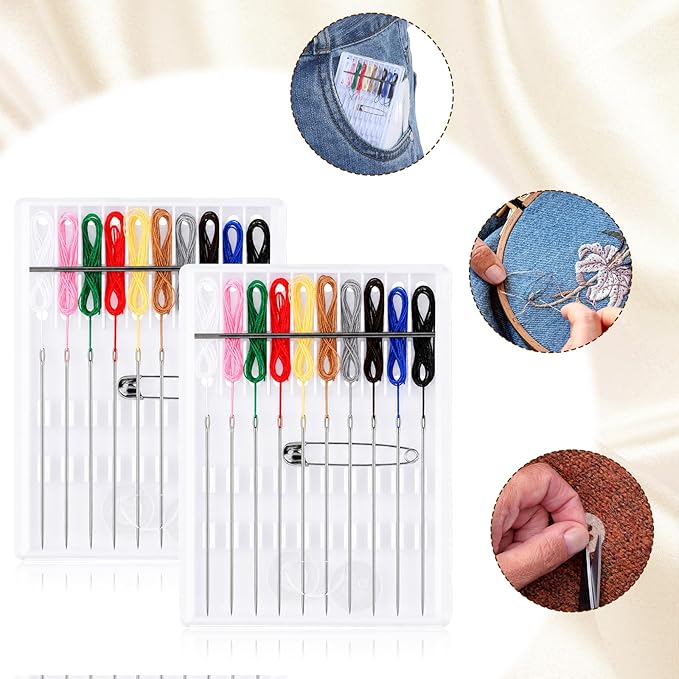 Zyghjort 4 Boxes Travel Sewing Kit Mini, Pre Threaded Needles for Hand Sewing Quick Fix Sewing Kit Easy with 10 Colors Thread, Buttons and Pins Travel Sewings Box for Emergency Mending Adults Seniors