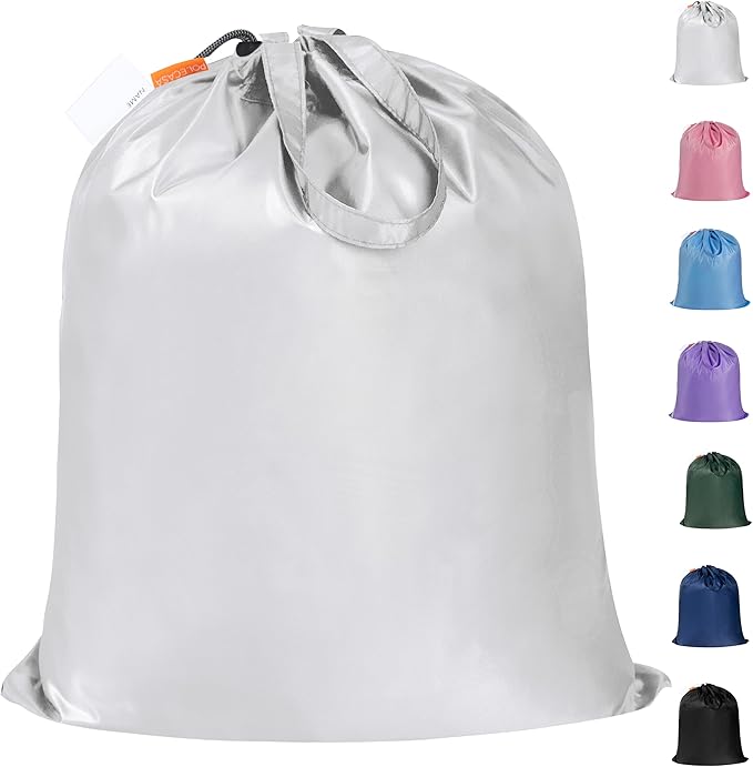 Polecasa Extra Heavy-Duty Laundry Bag 21x24”- Machine Washable Small Storage Bag with Reinforced Handles & Drawstring Closure & ID Tag for College Dorm Travel -Silver