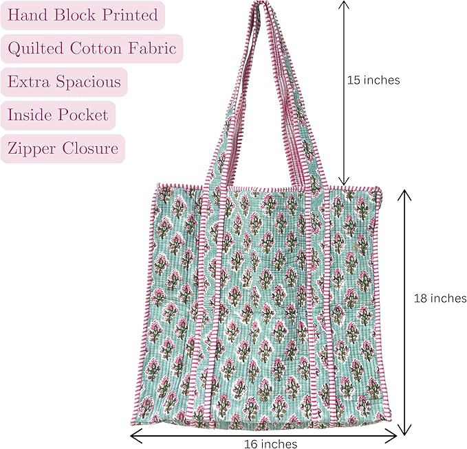 ATOSII Women Handblock Print Quilted 100% Cotton Floral Large Shoulder Tote Bag with Pocket, Zipper for Work, Beach & Travel