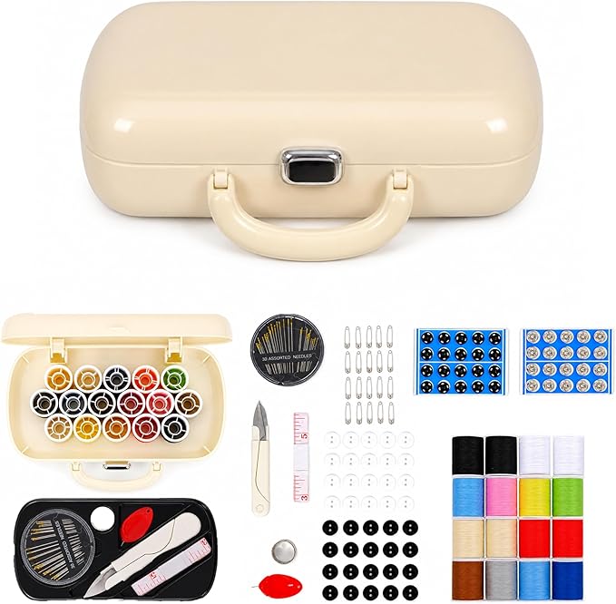 FKOG Sewing Project Kit, 151 Pcs Family Sewing Supplies Repair Organizer with Portable Retro Hard-Shell Case, 16 Multicolor Thread Spools, Needles, Buttons, and Accessories (Creamy White)