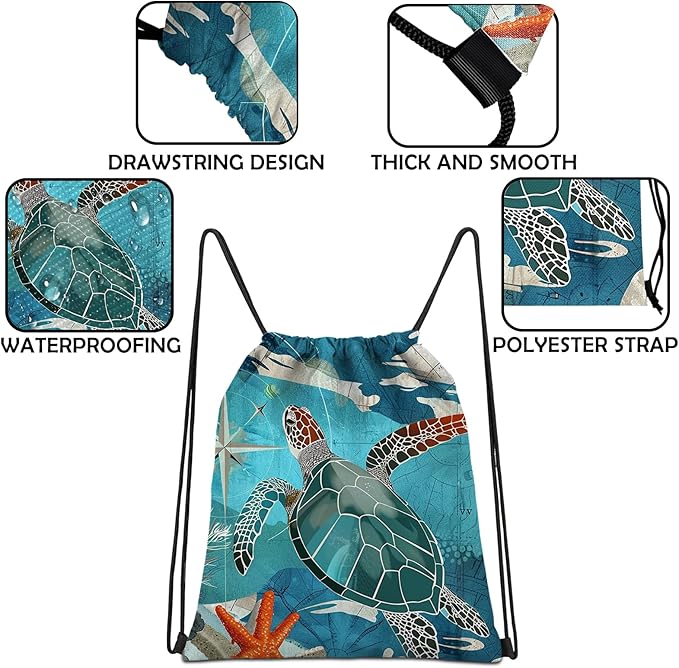 Drawstring Backpack Draw String Sports Bags for Gym Travel Beach Waterproof Cute Sackpack Men Women Aesthetic (13"×17")-Sea Turtle