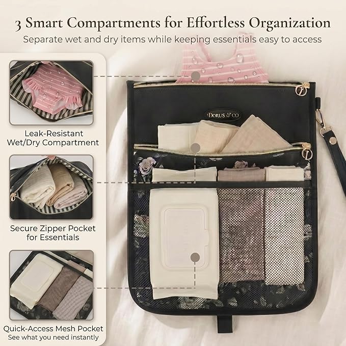 DOKUS & CO Premium Wet Dry Diaper Clutch – Structured Waterproof Baby Organizer with Wrist Strap + Matching Washable Wet Bag