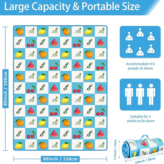 Checkered Picnic Blankets Waterproof Foldable, 60″X80″ Packable Picnic Mat Fruit Outdoor Blanket for Grass, Large Beach Blanket Sandproof Picnic Accessories for Camping Music Festival Park Lawn Travel