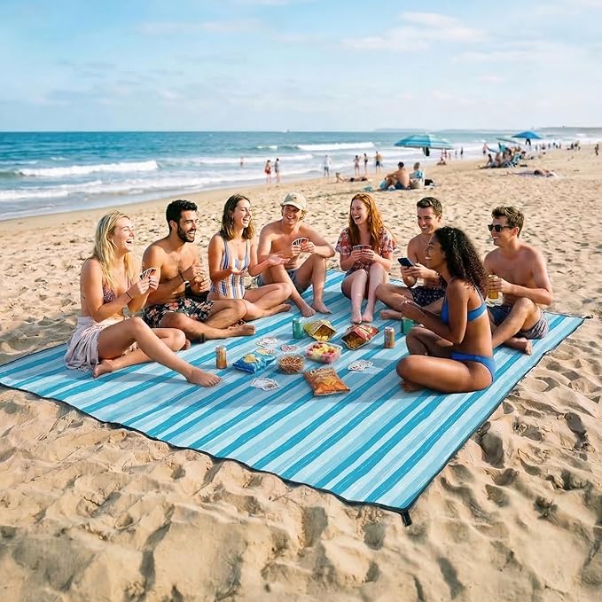 OIGAE Oversized Beach Blanket, 9×10 ft Sand-Free Outdoor Mat for Groups, Quick-Dry Picnic Blanket with Stakes & Corner Pockets, Blue Wave Stripes