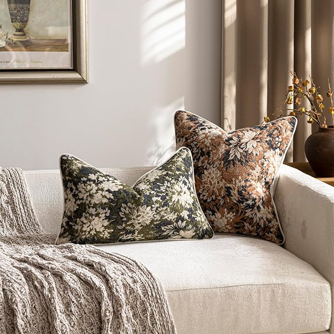 DEZENE Pack of 2 Vintage Floral Throw Pillow Covers 18x18 Boho Farmhouse Accents Chenille Square Decorative Pillow Cases for Living Room Couch Bed Home Decor, Cognac
