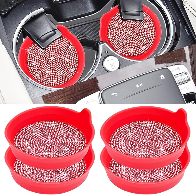 Amooca Car Cup Coaster Universal Non-Slip Cup Holders Bling Crystal Rhinestone Car Interior Accessories 4 Pack Red Whole Rhinestone