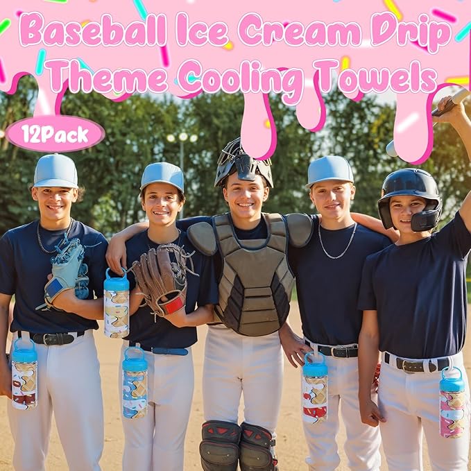 Hahafelt 12 Pack Ice Cream Drip Baseball Cooling Towels for Boys, Ice Cream Print Sports Towels with Bags, 40"x12" Breathable Chilly Towel, Colorful Summer Microfiber Towel for Sport Team Gift Beach
