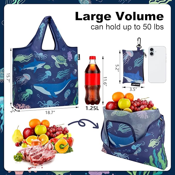 HOLYLUCK Reusable Grocery Bags,Heavy Duty Foldable Shopping Tote Bag (Standard, 3 Whales)