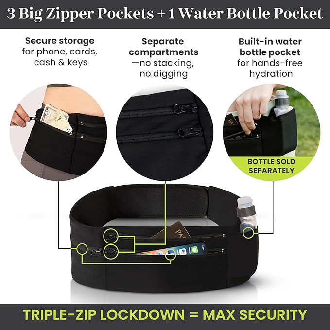 StashBandz Running Belt with Water Bottle Pocket – Adjustable No-Bounce Waist Pack, 3 Zippered Pockets & Key Clip, Sports Fanny Pack & Travel Money Belt, Fits Any Size Phone, Passport & More