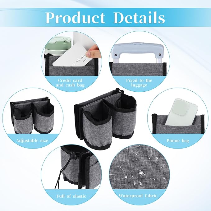 oruola Travel Cup Holder for Luggage,Luggage Travel Cup Holder with 2 Coffee Mugs Tightening Drawstring, Luggage Cup Holder for Flying & Travelers for Flight Attendants, Business, Travelers Grey