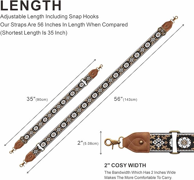 Nefelibata Purse Strap-2"Crazy Horse Leather Bag Strap Adjustable Replacement,Retro Jacquard Embroidery Crossbody Straps