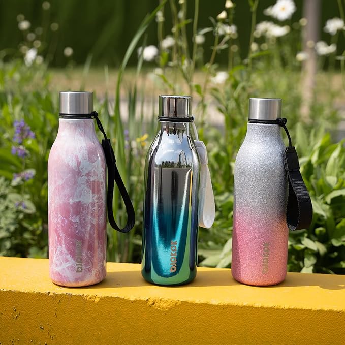 BJPKPK Insulated Water Bottles, 18 oz Stainless Steel Metal Water Bottle with Strap, BPA Free Leak Proof Jugs, Mugs, Flasks, Reusable Thermal Flasks for Sports & Travel, Marble-Amber