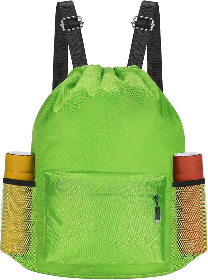 Waterproof Drawstring Bag, Lightweight String Backpack with Water Bottle Holder and Pockets, Gym Sports Cinch Sackpack (Green)