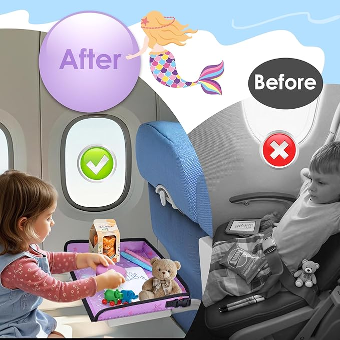 Kids Tray Table Cover, Airplane Tray Cover with Pockets, Airplane Travel Essentials for Kids, Portable Airplane Must Haves for Toddler on Plane or Train and Flying Supplies (Purple)