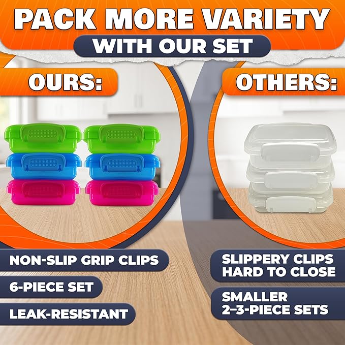 6 Pcs Lock Top Snack Containers with Lids – 4.6 Oz Small Snap Storage Containers – Microwave and Dishwasher Safe, 2 Side Clips for Sauces, Pastes, Spreads, Snacks | Kitchen, Travel, Office, Crafts