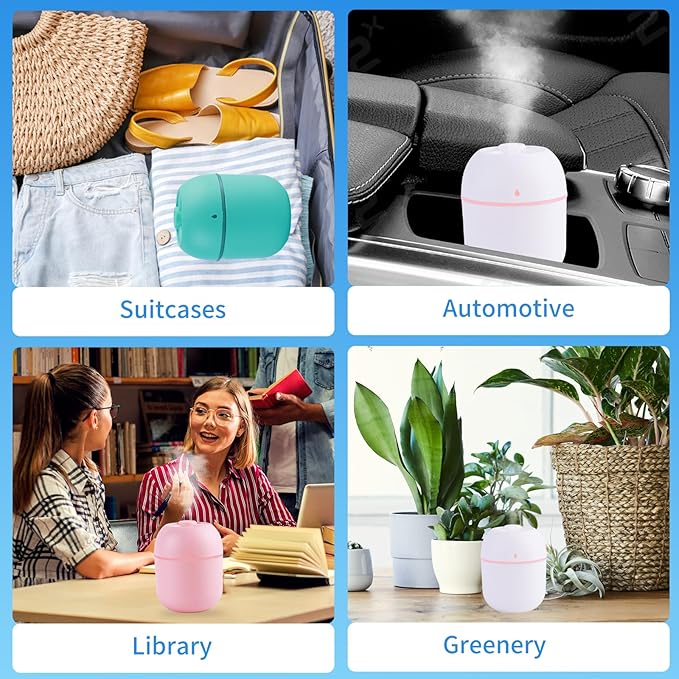 Portable Mini Humidifier Small Cool Mist Humidifier Personal Desktop USB Powered Super Quiet for Travel Car,Office,Baby Bedroom, Night Light, 2 Mist Modes, Auto Shut-off