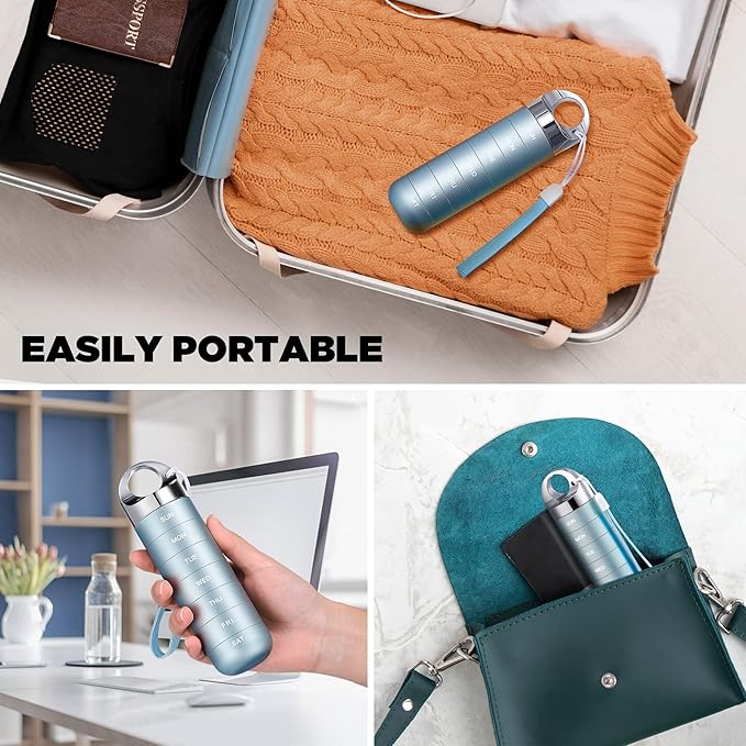 Zannaki Metal Travel Pill Organizer, Portable Waterproof Weekly Pill Box, Large Aluminum Alloy Pill Case Container, BPA Free 7 Day Daily Medicine Organizer Holder for Vitamin, Fish Oil, Supplement