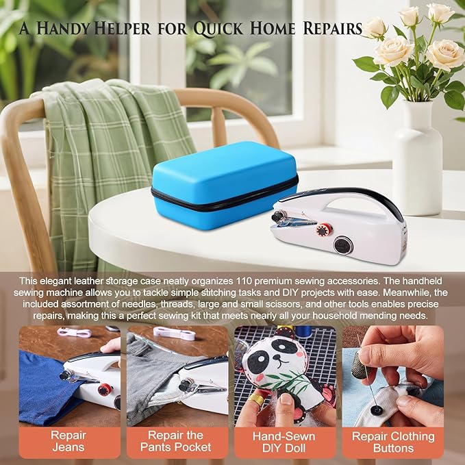 Handheld Sewing Machine Heavy Duty, with Blue Leather Storage Case and 110-Piece Sewing Kit, Mini Portable, Ideal for Adults & Beginners, Complete Set of Quick Home Clothing Repair Tools, Good Gift