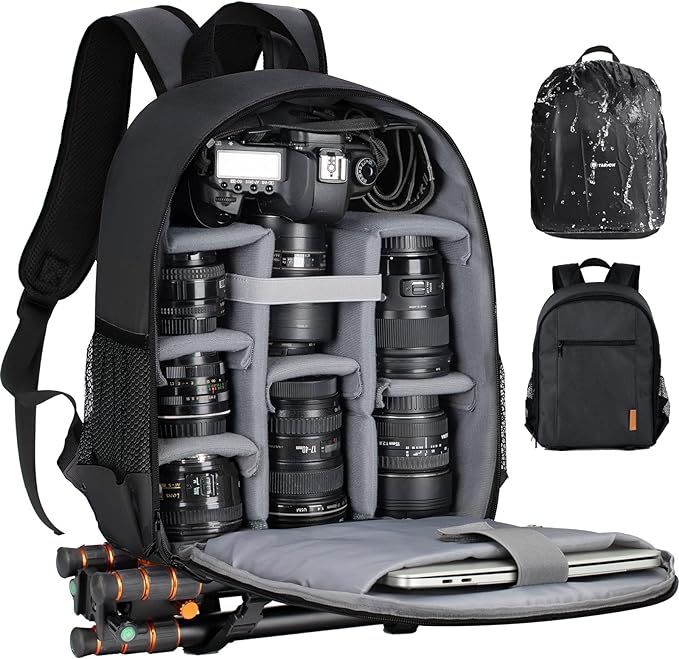 TARION Camera Backpack Bag Small - Professional DSLR Photography Case with 13 inch Laptop Compartment & Waterproof Rain Cover & Bottom Tripod Holder for Men Women Photographers - Black TB-S