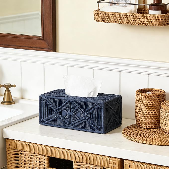 Woven Macrame Boho Tissue Box Cover Rectangular for Home Decor,Resin Heavy Woven Tissue Box Holder for Bathroom Kitchen Countertop,Bedroom, Vanity, Night Stand, Office, Waterproof Durable (Blue)