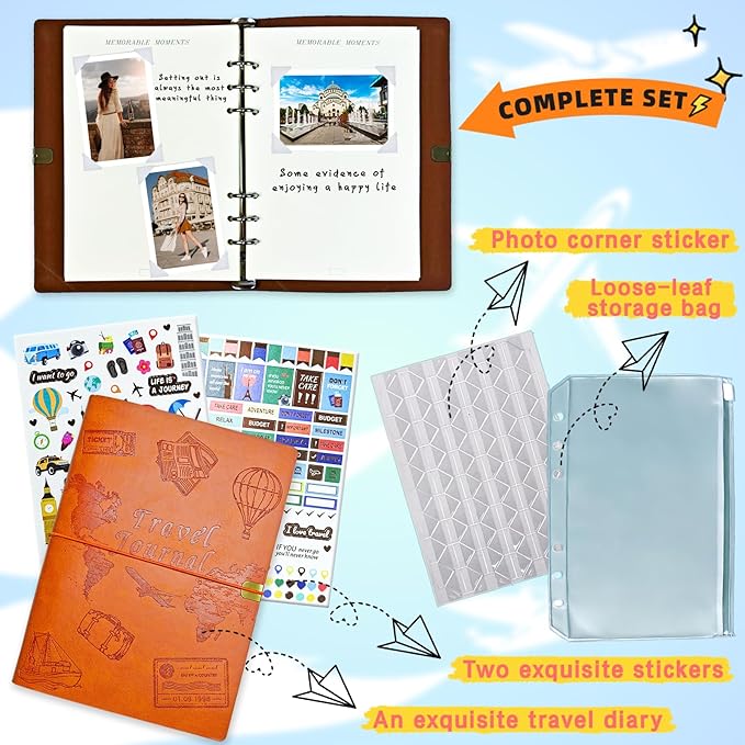 Travel Journal for Women Men and Couples, Leather Travel Notebook with Prompts, Travel Memory Book & Adventure Book (Orange)