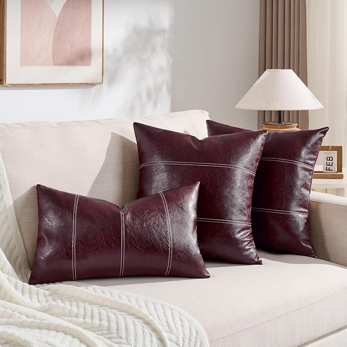 Fancy Homi Burgundy Lumbar Waterproof Faux Leather Decorative Throw Pillow Covers 12x20 Inch for Living Room Couch Bed, Modern Farmhouse Boho Home Decor, Wine Red Hand Stitched Cushion Case 30x50 cm