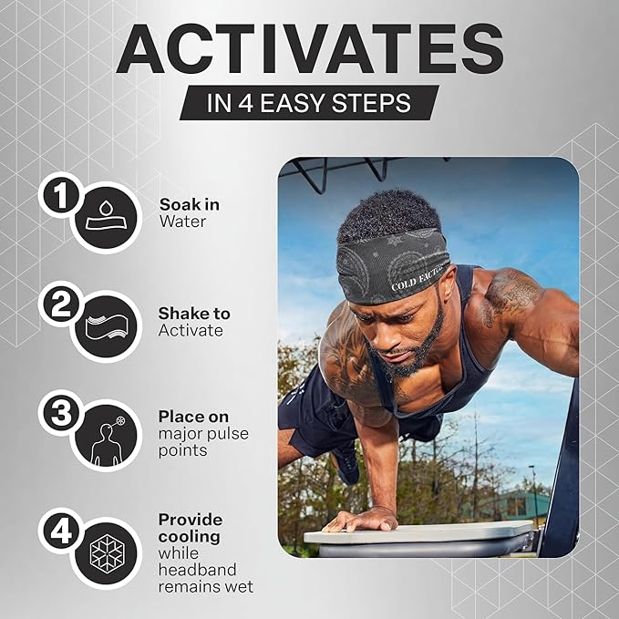 COLD FACTOR Cooling Headband for Women and Men – UPF 50+ Advanced Evaporative Comfort, Instant Cooling Sweatband for Outdoor Sports, Fitness, Yoga, Hiking, Running, and Workout