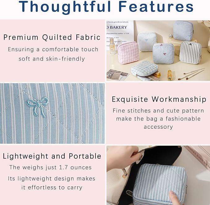 RSRSLEII Small Quilted Striped Cosmetic Pouch for Purse, Mini Cotton Makeup Bag with Compartments, Cute Zipper Lipstick Holder for Women (26 Blue Stripes)